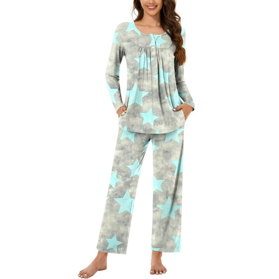 UAMVSH Womens Pajamas Sets Long Sleeve Button Crew Neck Sleepwear Pullover and Loungewear Bottoms Pleated Two Piece Lounge Outfits(SmallLight Blue 2)