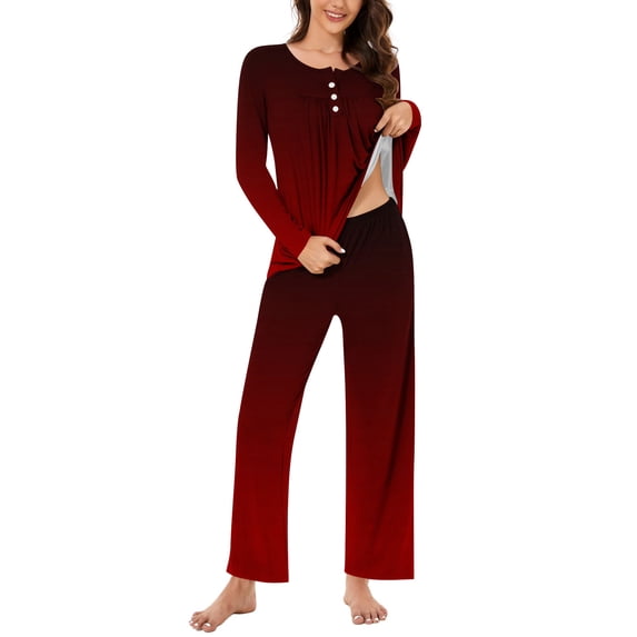 UAMVSH Womens Pajamas Sets Long Sleeve Button Crew Neck Sleepwear Pullover and Loungewear Bottoms Pleated Two Piece Lounge Outfits(X-LargeWine 4)