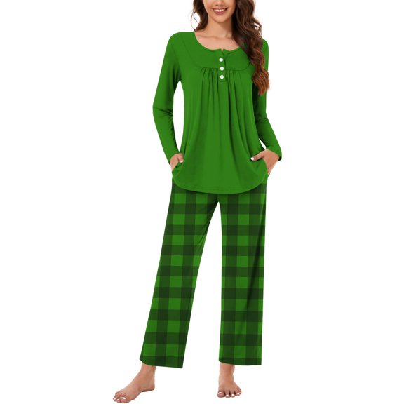 UAMVSH Womens Pajamas Sets Long Sleeve Button Crew Neck Sleepwear Pullover and Loungewear Bottoms Pleated Two Piece Lounge Outfits(XX-LargeGreen)