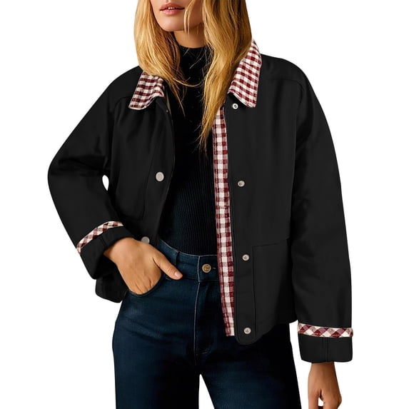 UAMVSH Womens Plaid Jacket Long Sleeve Button Patchwork Fall Casual Coat Trendy Lapel Zip Up Outerwear with Pockets