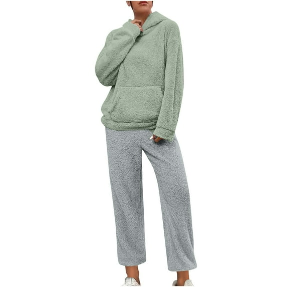 UAMVSH Womens Plus Size 2 Piece Pajama Outfits Warm Fuzzy Fleece Lounge Sets Pockets Pullover Hoodies Pants Comfy Long Sleeve Sleepwear(LargeGreen 1)