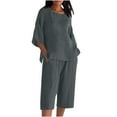 thumbnail image 1 of UAMVSH Womens Plus Size Capri Sets Cotton Linen 2 Piece Outfits Soft 3/4 Sleeve Side Slit Pullover Tops Cropped Shorts with Pockets(4X-Large,Dark Gray 2), 1 of 5