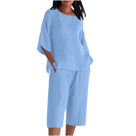 UAMVSH Womens Plus Size Capri Sets Cotton Linen 2 Piece Outfits Soft 3/4 Sleeve Side Slit Pullover Tops Cropped Shorts with Pockets(5X-Large,Light Blue 2)