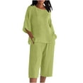 thumbnail image 1 of UAMVSH Womens Plus Size Capri Sets Cotton Linen 2 Piece Outfits Soft 3/4 Sleeve Side Slit Pullover Tops Cropped Shorts with Pockets(XX-Large,Mint Green 1), 1 of 5