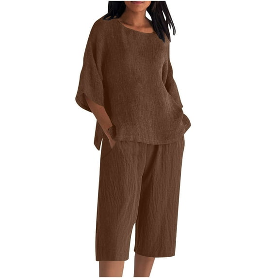 UAMVSH Womens Plus Size Capri Sets Cotton Linen 2 Piece Outfits Soft 3/4 Sleeve Side Slit Pullover Tops Cropped Shorts with Pockets(Small,Brown 1)