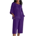 thumbnail image 1 of UAMVSH Womens Plus Size Capri Sets Cotton Linen 2 Piece Outfits Soft 3/4 Sleeve Side Slit Pullover Tops Cropped Shorts with Pockets(X-Large,Purple 2), 1 of 5