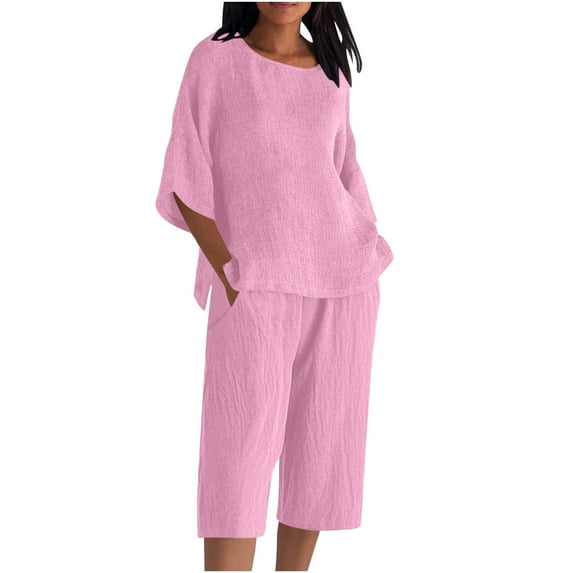 UAMVSH Womens Plus Size Capri Sets Cotton Linen 2 Piece Outfits Soft 3/4 Sleeve Side Slit Pullover Tops Cropped Shorts with Pockets(XX-Large,Pink 2)