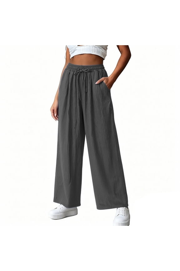Womens Plus Size Linen Pants Pleated Loose Wide Leg Trousers Drawstring Casual Elastic Waist Travel Pants with Pockets