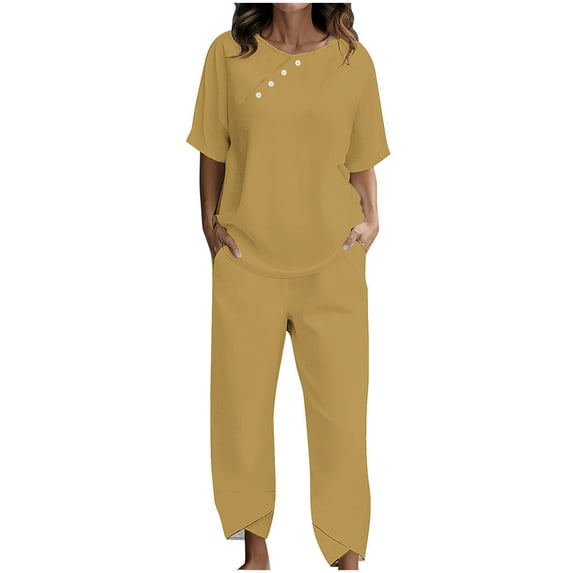 UAMVSH Womens Plus Size Lounge Set Half Sleeve Crewneck Tops Matching Casual Pants Set with Pockets Two Piece Vacation Outfits