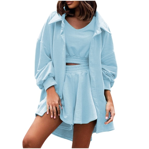 UAMVSH Womens Plus Size Lounge Sets 3 Piece Outfits Soft Cotton Lapel Long Sleeve Shirts Crop Tops with Ruffle Shorts Matching Set