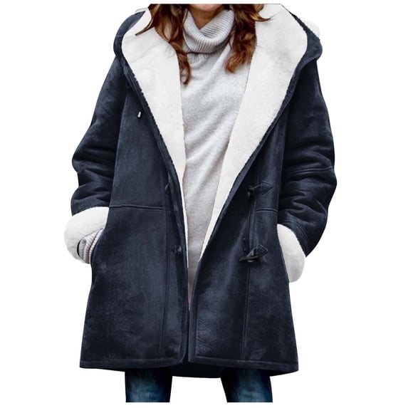 UAMVSH Womens Plus Size Winter Coats Warm Sherpa Fleece Lined Hoodie Jackets Oversized Fluffy Hooded Parka Trendy Suede Outerwear(Large,Dark Blue)