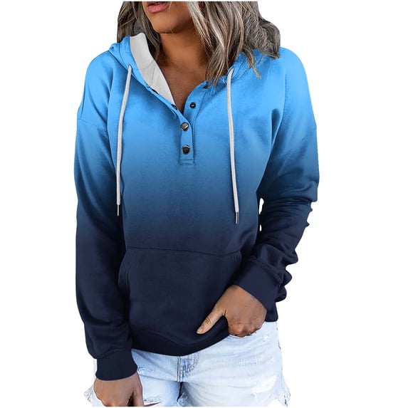UAMVSH Womens Pullover Hoodie with Pockets Fashionable Gradient Color Sweatshirts Casual Printed Button Long Sleeve Tops(Small,Blue 1)