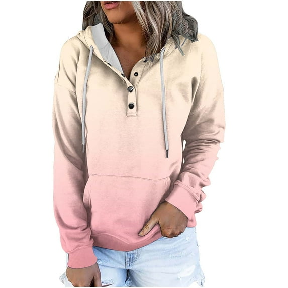 UAMVSH Womens Pullover Hoodie with Pockets Fashionable Gradient Color Sweatshirts Casual Printed Button Long Sleeve Tops(XX-Large,Pink 1)