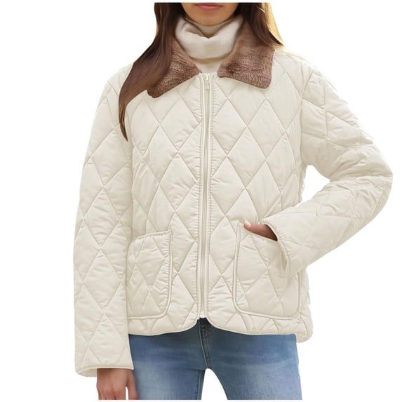 UAMVSH Womens Quilted Jacket Zip Up Long Sleeve Coat with Pockets Fleece Lapel Thick Warm Outwear with Pockets Winter Clothing
