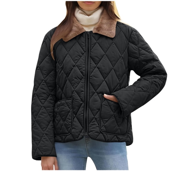 UAMVSH Womens Quilted Jacket Zip Up Long Sleeve Coat with Pockets Fleece Lapel Thick Warm Outwear with Pockets Winter Clothing