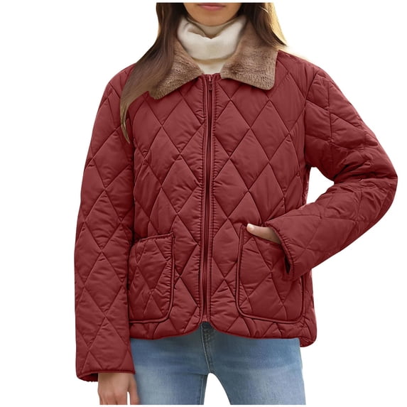 UAMVSH Womens Quilted Jacket Zip Up Long Sleeve Coat with Pockets Fleece Lapel Thick Warm Outwear with Pockets Winter Clothing