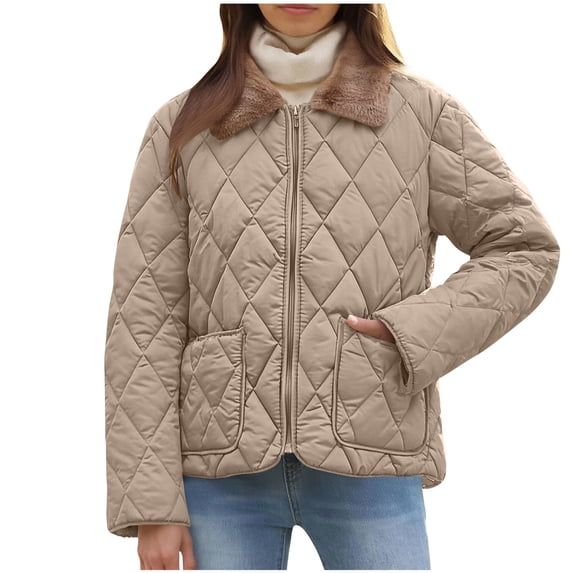 UAMVSH Womens Quilted Jacket Zip Up Long Sleeve Coat with Pockets Fleece Lapel Thick Warm Outwear with Pockets Winter Clothing