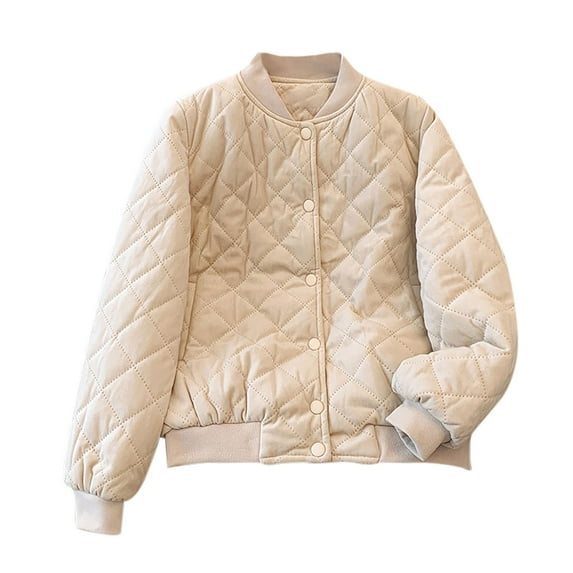 UAMVSH Womens Quilted Jackets Casual Button down Winter Warm Coats Loose Fit Long Sleeve Stand Neck Outerwear Puffer Clothes(Large,Beige)