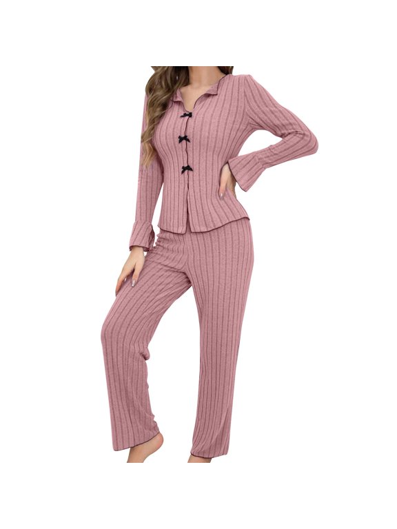 Womens Ribbed Knit Lounge Set Long Sleeve Top and Long Pants Sleepwear Pajama Set Two Piece Nightwear
