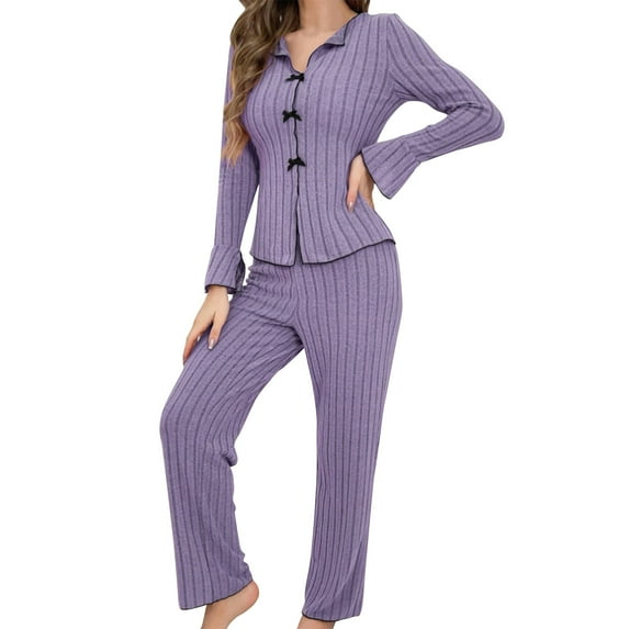UAMVSH Womens Ribbed Knit Lounge Set Long Sleeve Top and Long Pants Sleepwear Pajama Set Two Piece Nightwear