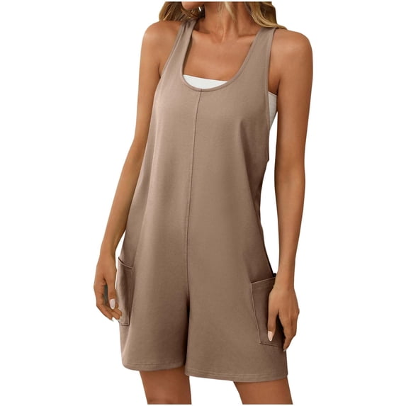 UAMVSH Womens Rompers for Summer Sleeveless Scoop Neck Jumpsuit Wide Strap Casual Backless Short Onesie Clothes with Pockets