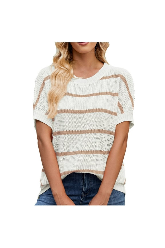 Womens Short Sleeve Sweaters Spring Fall Lightweight Crew Neck Trendy Striped Printed Pullover Comfy Knitted Sweater Tops(Large,Khaki)