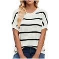 thumbnail image 1 of UAMVSH Womens Short Sleeve Sweaters Spring Fall Lightweight Crew Neck Trendy Striped Printed Pullover Comfy Knitted Sweater Tops(Medium,White), 1 of 7