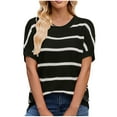 thumbnail image 1 of UAMVSH Womens Short Sleeve Sweaters Spring Fall Lightweight Crew Neck Trendy Striped Printed Pullover Comfy Knitted Sweater Tops(X-Large,Black), 1 of 7
