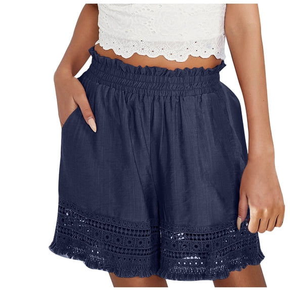 UAMVSH Womens Shorts Summer Lace Hollow Out Casual Ruffle Shorts Trendy Loose Elastic Waist Boho Shorts with Pockets