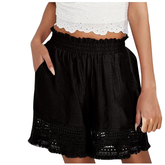 UAMVSH Womens Shorts Summer Lace Hollow Out Casual Ruffle Shorts Trendy Loose Elastic Waist Boho Shorts with Pockets