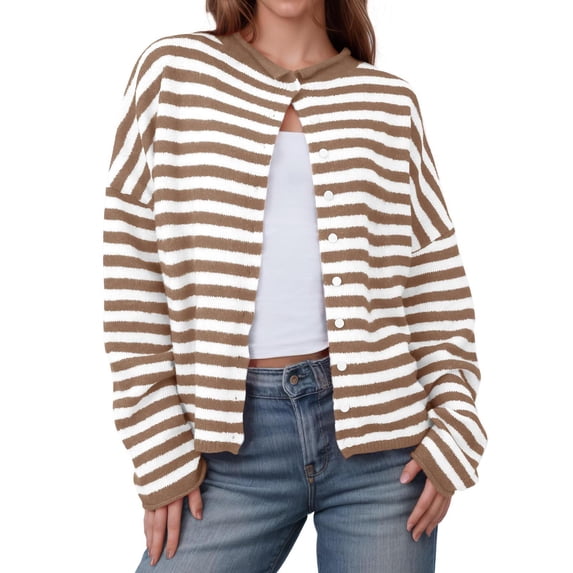 UAMVSH Womens Striped Cardigan Button Down Loose Knit Lightweight Fall Sweaters Trendy Casual Long Sleeve Crewneck Outwear Coat