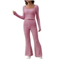 thumbnail image 1 of UAMVSH Womens Striped Pajama Set Cute Crewneck Crop Tops with Flare Leggings Casual Slim Fit Long Sleeve Sleepwear 2 Piece Outfits, 1 of 7