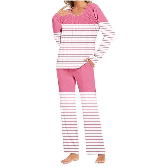 UAMVSH Womens Striped Pajama Sets 2 Piece Outfits Casual Long Sleeve Sleepwear Pleated Crewneck Tops and Pants Pj Set with Pockets
