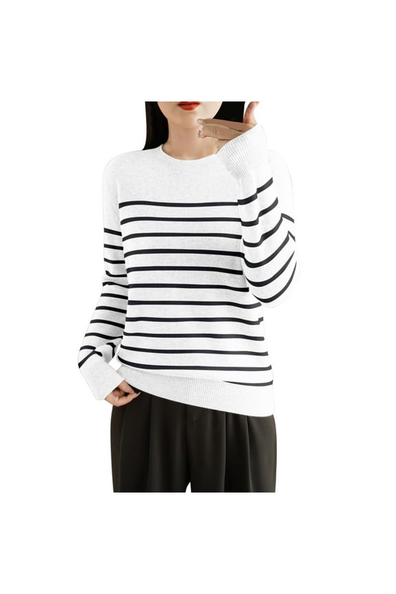 Womens Striped Shirts Cozy Knitted Long Sleeve Sweaters Cute Pullover Casual Crew Neck Color Block Tunic Tops Fall Outfits(Large,White)