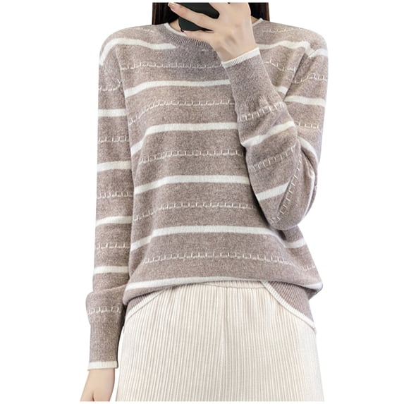 UAMVSH Womens Striped Sweater Crew Neck Long Sleeve Casual Knitted Pullover Tops Fashion Fall Outfits Ladies Dressy Sweaters(X-Large,Khaki)