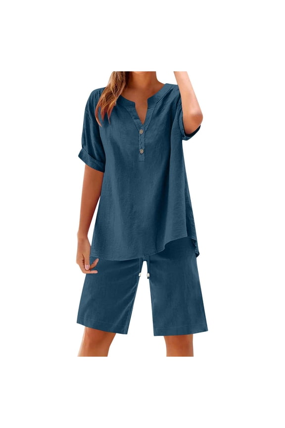 Womens Summer Fall Outfits Plus Size Cotton Linen Short Sleeve Button down Shirt with Bermuda Shorts 2 Piece Lounge Sets with Pockets(4X-Large,Dark Blue)