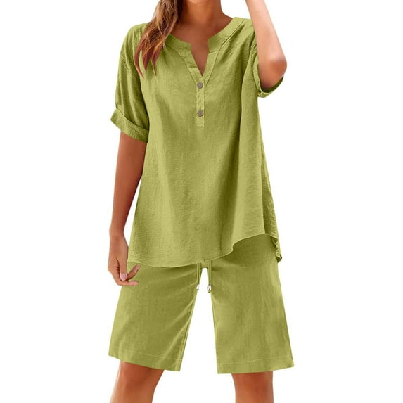 UAMVSH Womens Summer Fall Outfits Plus Size Cotton Linen Short Sleeve Button down Shirt with Bermuda Shorts 2 Piece Lounge Sets with Pockets(4X-Large,Green)