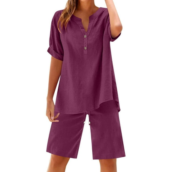 UAMVSH Womens Summer Fall Outfits Plus Size Cotton Linen Short Sleeve Button down Shirt with Bermuda Shorts 2 Piece Lounge Sets with Pockets(X-Large,Wine)