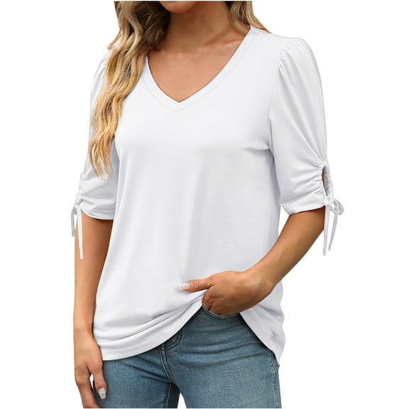 UAMVSH Womens Summer Going out Tops Drawstrings Ruched Short Sleeve V Neck Casual Basic T-Shirts