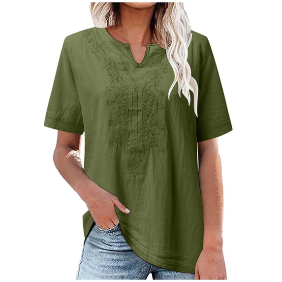UAMVSH Womens Summer Tops Embroidered Short Sleeve T-Shirt Lightweight Casual V Neck Cotton Linen Shirts for Beach Vacation