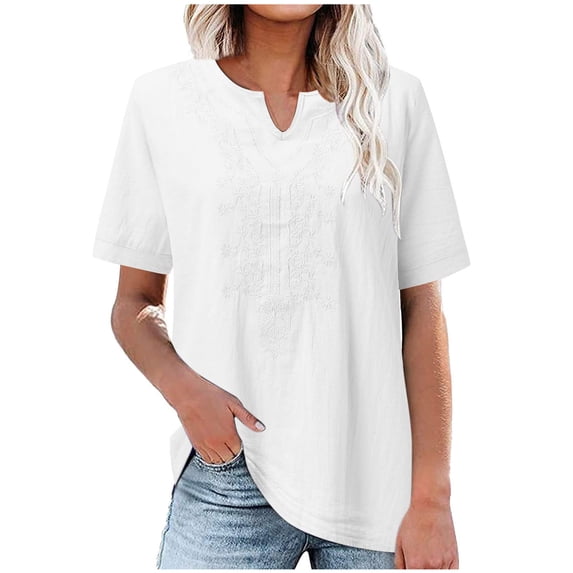 UAMVSH Womens Summer Tops Embroidered Short Sleeve T-Shirt Lightweight Casual V Neck Cotton Linen Shirts for Beach Vacation