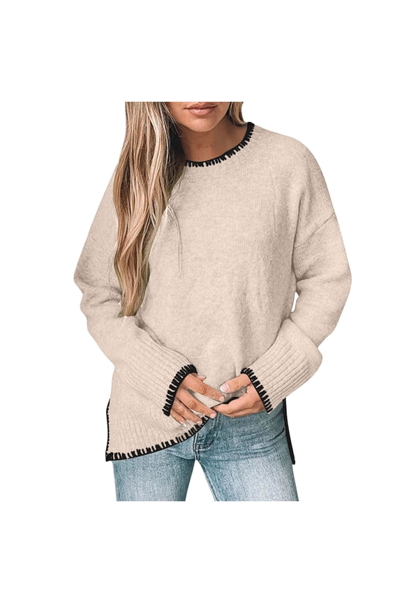 Womens Sweaters Color Block Long Sleeve Knit Pullover Fall Trendy Outfits Casual Loose Side Split Crew Neck Tops