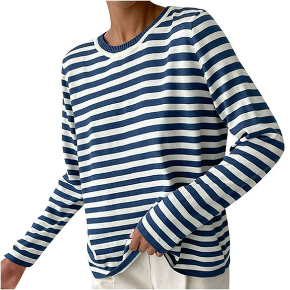 UAMVSH Womens Sweaters Fall Fashion Striped Round Neck Long Sleeve Casual Pullover Tops Basic Sweater