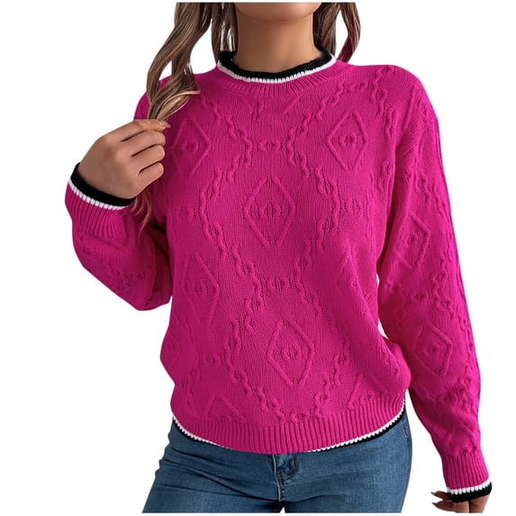 UAMVSH Womens Sweaters Trendy Cable Knitted Crew Neck Long Sleeve Pullover Fall Winter Warm Basic Solid Color Sweater Tops(Medium,Hot Pink)