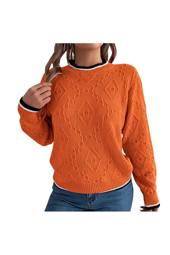 Womens Sweaters Trendy Cable Knitted Crew Neck Long Sleeve Pullover Fall Winter Warm Basic Solid Color Sweater Tops(Small,Orange)