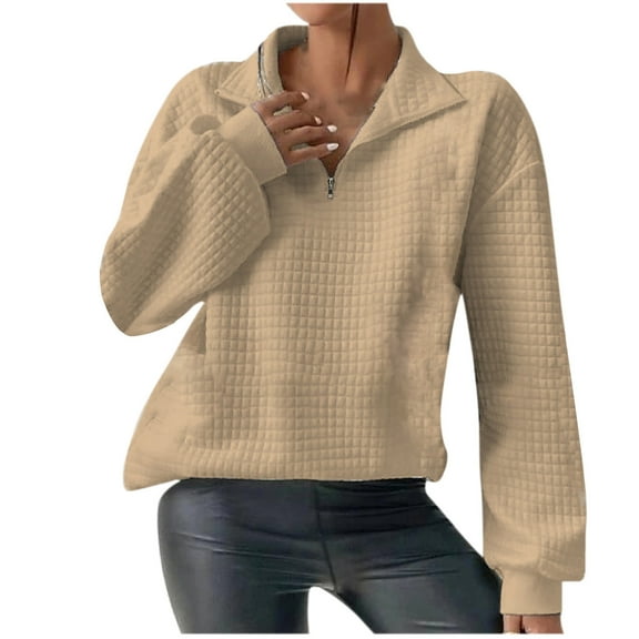 UAMVSH Womens Sweatshirts Trendy Fall 1/4 Zipper Lapel V-Neck Tops Clothes Casual Long Sleeve Business Work Dressy Pullover(Medium,Khaki)