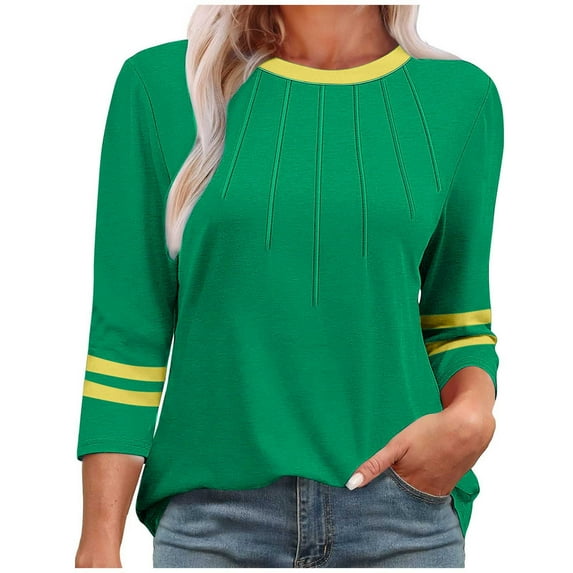 UAMVSH Womens T Shirts Loose Fit Crew Neck Pleated Summer Fall Tees Cute 3/4 Sleeve Color Block Casual Tops Fashion(Medium,Green)