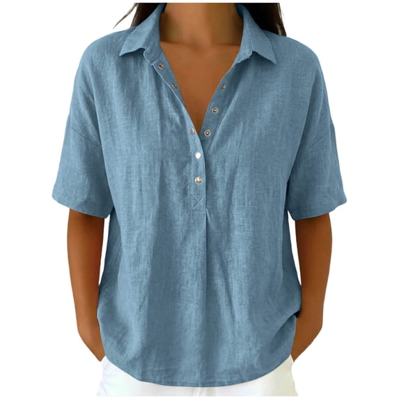 UAMVSH Womens T Shirts Loose Pleated Button Up Short Sleeve Tunic Tops Business Casual Collared Work Blouses Summer Outfits