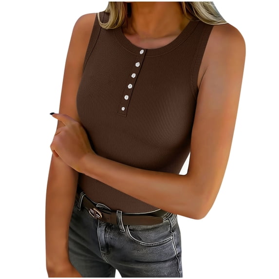 UAMVSH Womens Tank Tops Crew Neck Sleeveless T-Shirt Button Casual Ribbed Knit Henley Shirts Slim Fit Soft Basic Tees
