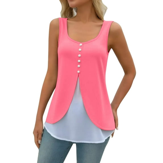 UAMVSH Womens Tank Tops Square Neck Sleeveless T-Shirt Color Block Casual 2 in 1 Button Going Out Shirts Trendy Clothes